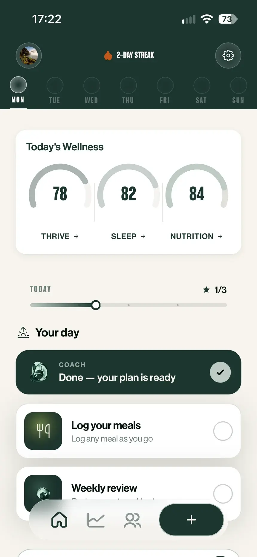 The CloudFit app dashboard: today's check-in, movement, cardio and fuel tasks