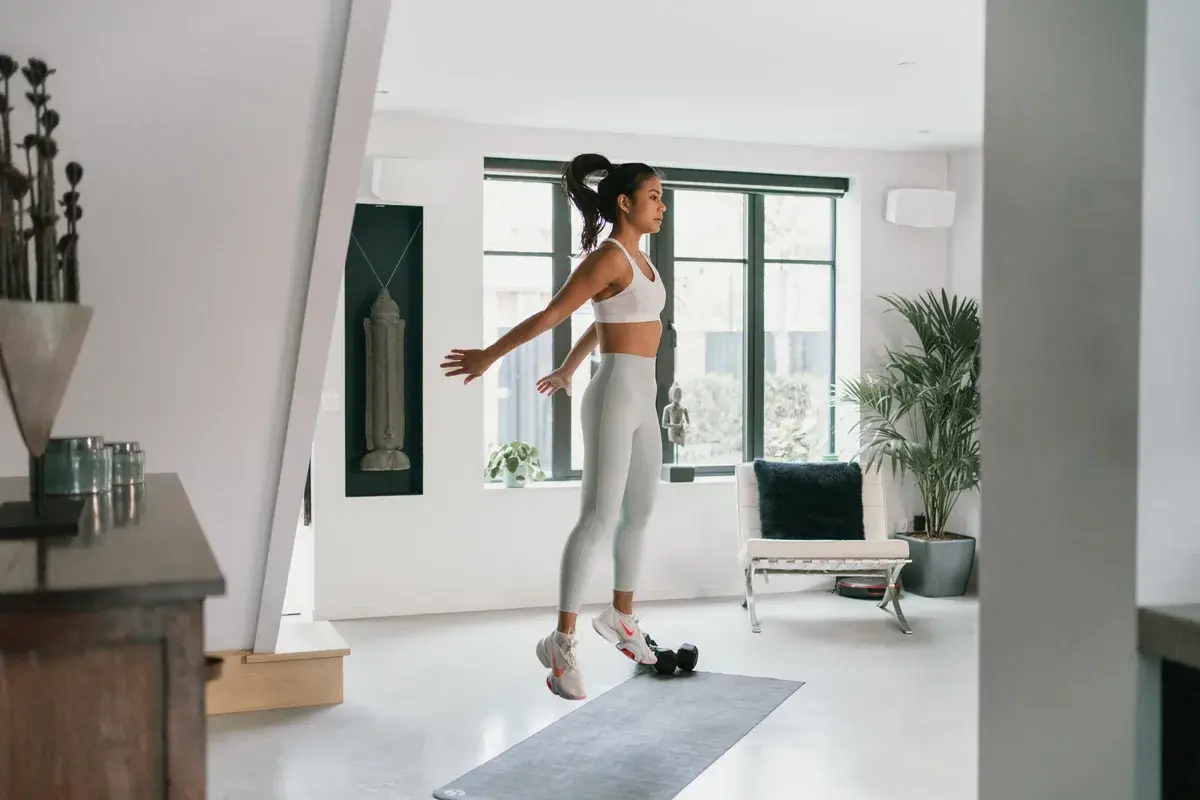 A jump interval in a living-room workout