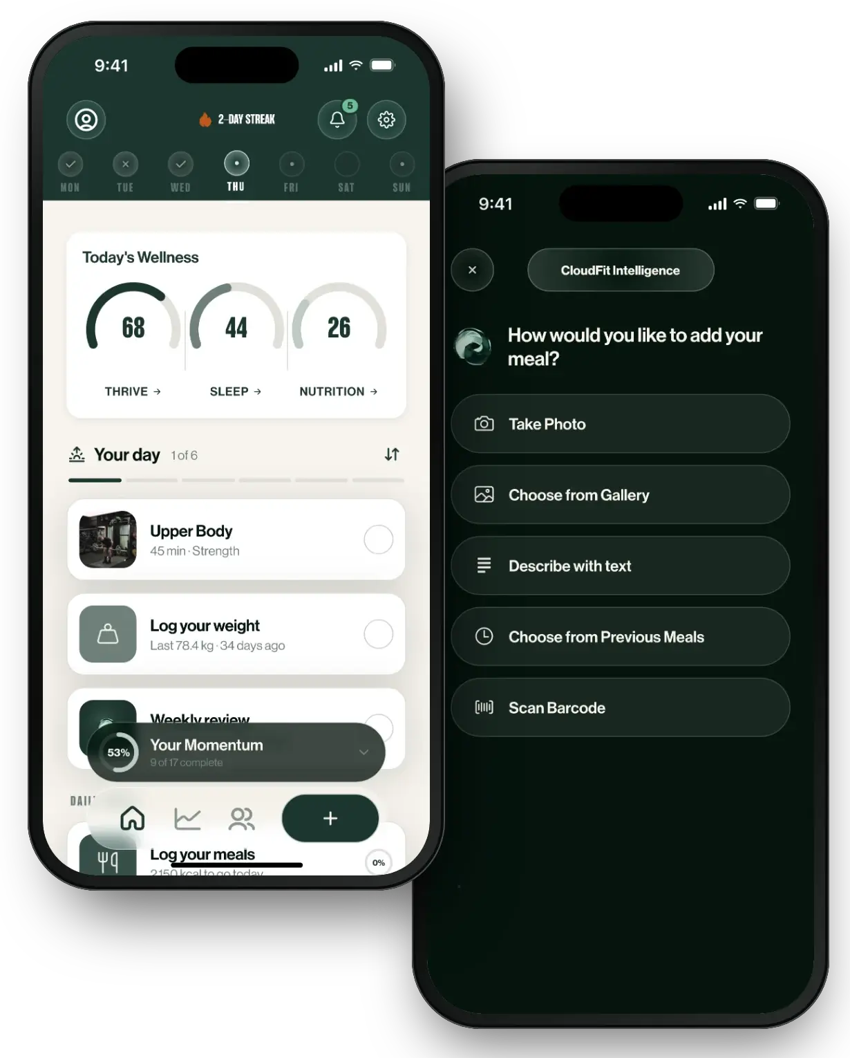 The CloudFit app: the home dashboard with today’s Thrive, Sleep and Nutrition scores, and logging a meal