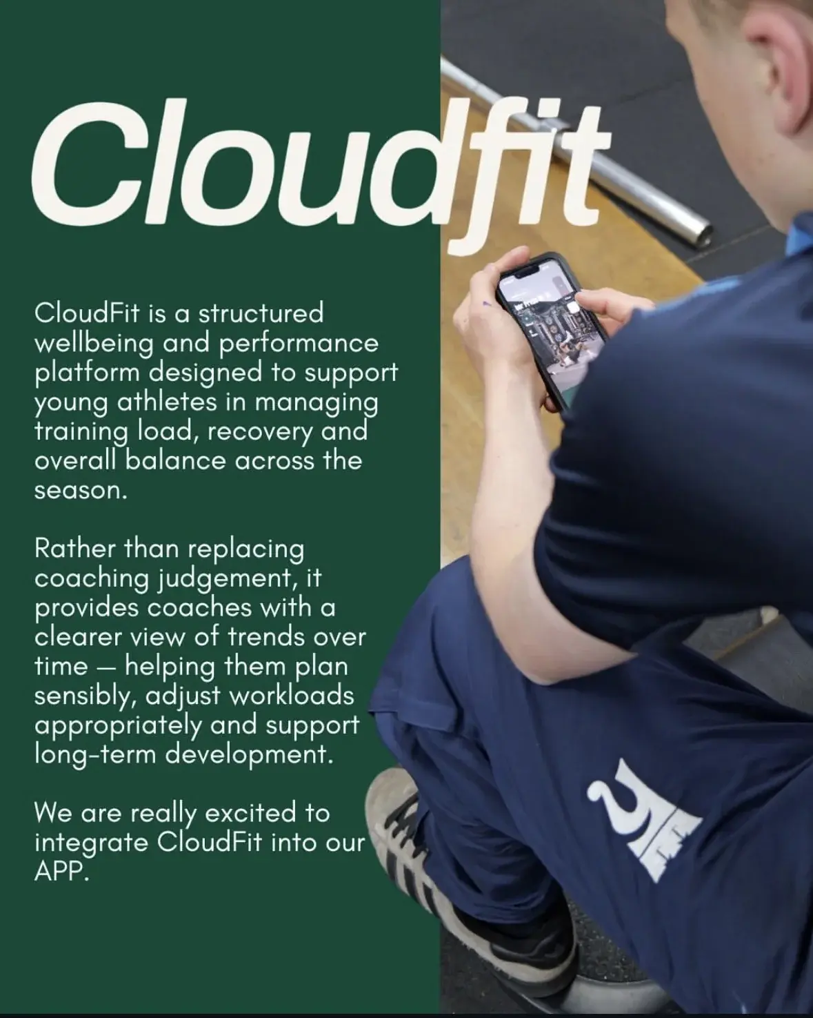 A Christ College Brecon pupil following a CloudFit session on their phone in the gym, beside the school's description of CloudFit